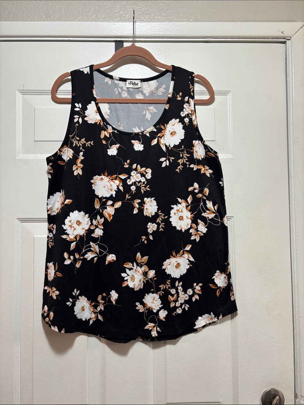 Pulse Black Floral Scoop Neck Tank with White & Brown Blooms